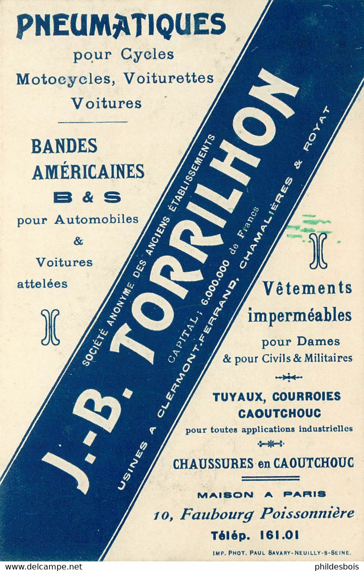 CARTE PUBLICITAIRE J.B TORRILHON  Pneumatiques Pour Cycles, Motocycles ,Voitures - Publicité