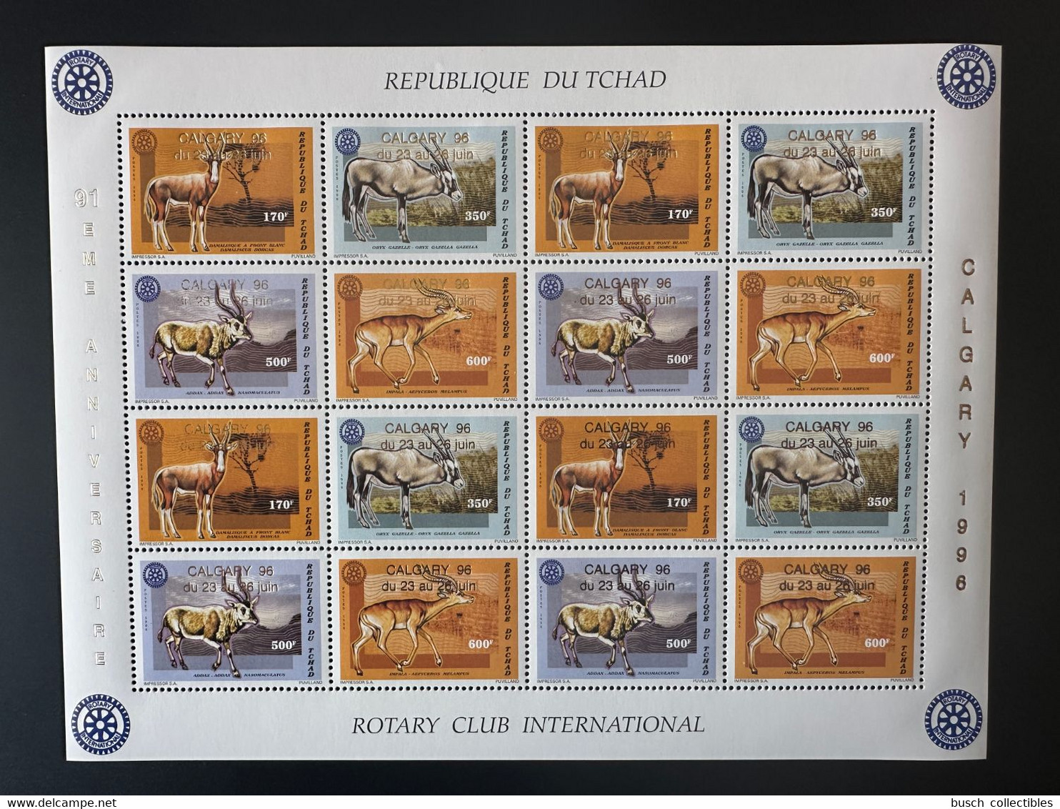 Tchad Chad Tschad 1996 Mi. 1452 - 1455 A Kleinbogen Rotary International Calgary Gold Overprint Surcharge Or Faune Fauna - Rotary, Lions Club