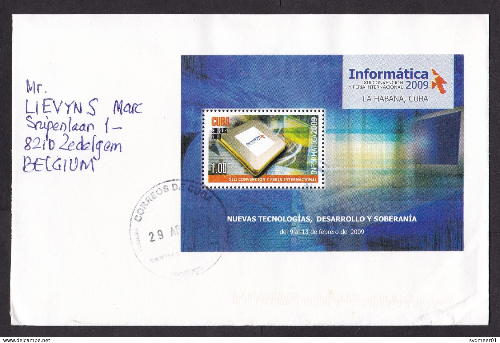 Cuba: Cover To Belgium, 2009, 1 Stamp, Souvenir Sheet, Informatica Convention, IT, Computer Technology (minor Crease) - Briefe U. Dokumente