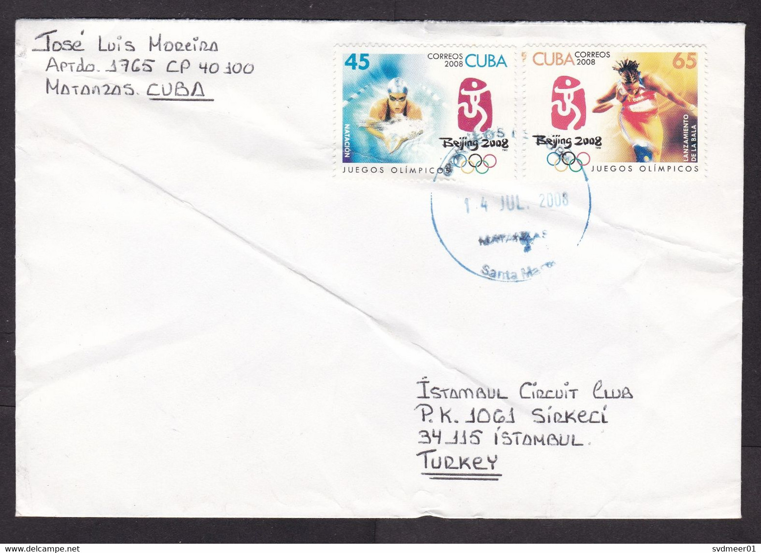 Cuba: Cover To Turkey, 2008, 2 Stamps, Olympics Beijing, Sports, Swimming, Athletics, Rare Real Use (damaged; Folds) - Lettres & Documents