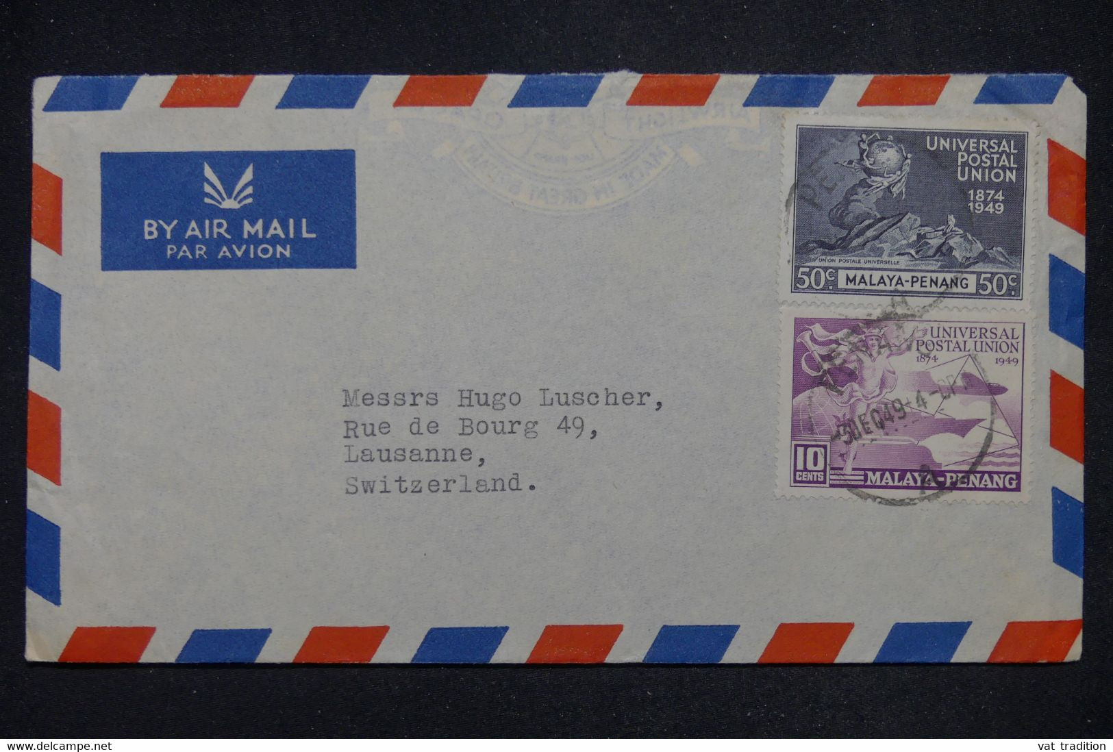 MALAISIE - UPU Sur Enveloppe  De Penang Pour Lauzanne En 1949  - L 141792 - Malayan Postal Union