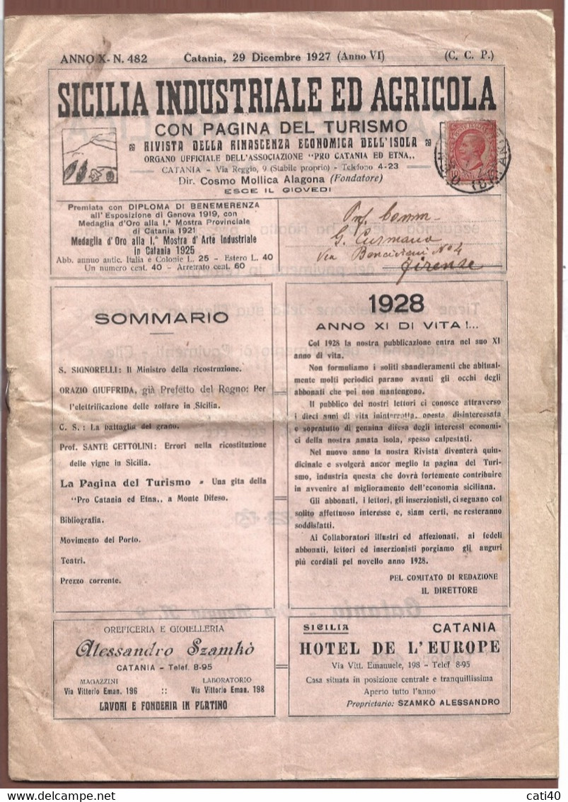 SICILIA INDUSTRIALE ED  AGRICOLA - RIVISTA DELLA RINASCITA ECONOMICA DELL'ISOLA - CATANIA 29 DICEMBRE 1927 - Wissenschaften