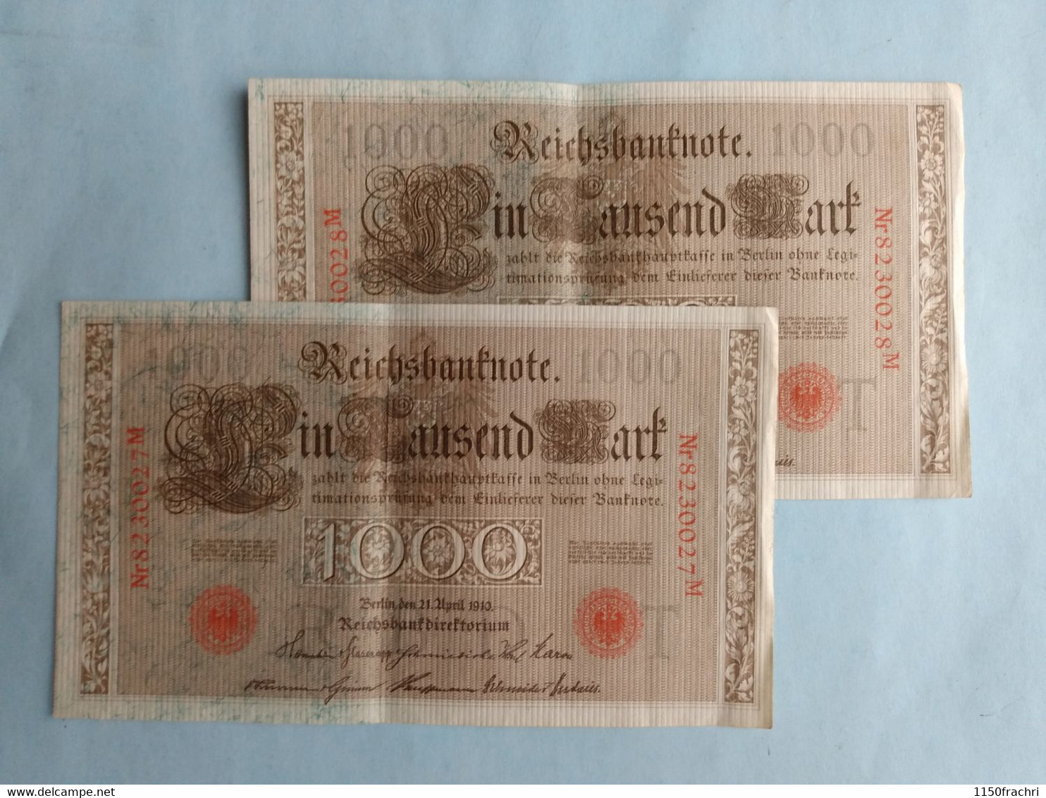 2 Reichsbanknotes 1000 Mark Sceau Rouge 1910 (nr 8230027M-8230028M) - 1.000 Mark