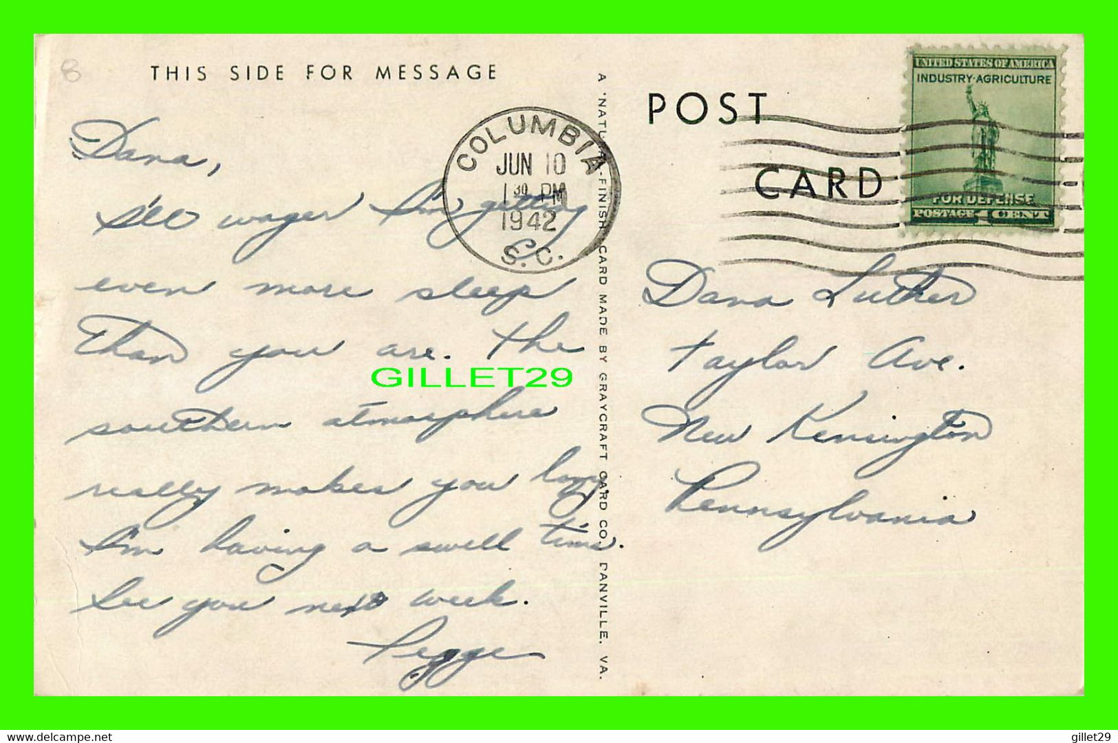 COLUMBIA, SC - FIRST BAPTIST CHURCH AND SUNDAY SCHOOL BUILDING - TRAVEL IN 1942 -  GRAYCRAFT CARD CO - - Columbia