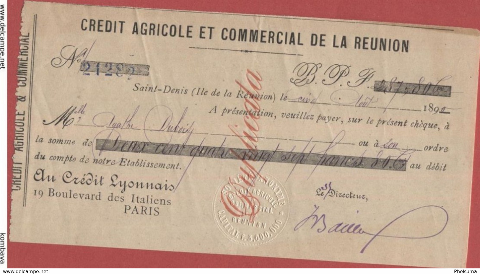 TRES RARE  - Chèque De Banque SA  CREDIT AGRICOLE ET COMMERCIAL DE LA REUNION - 1892 (VP  Cheque) - Reunión