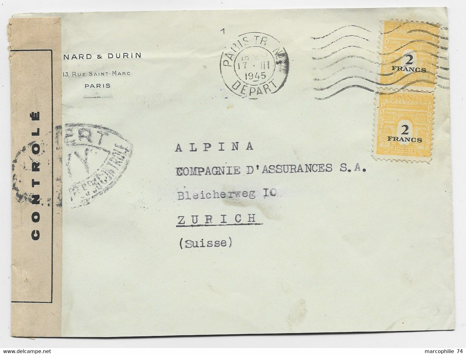 FRANCE ARC TRIOMPHE 2FRX2 LETTRE MEC PARIS TRI 17.III.1945 POUR SUISSE CENSURE OUVERT LYY AU TARIF - 1944-45 Arc Of Triomphe