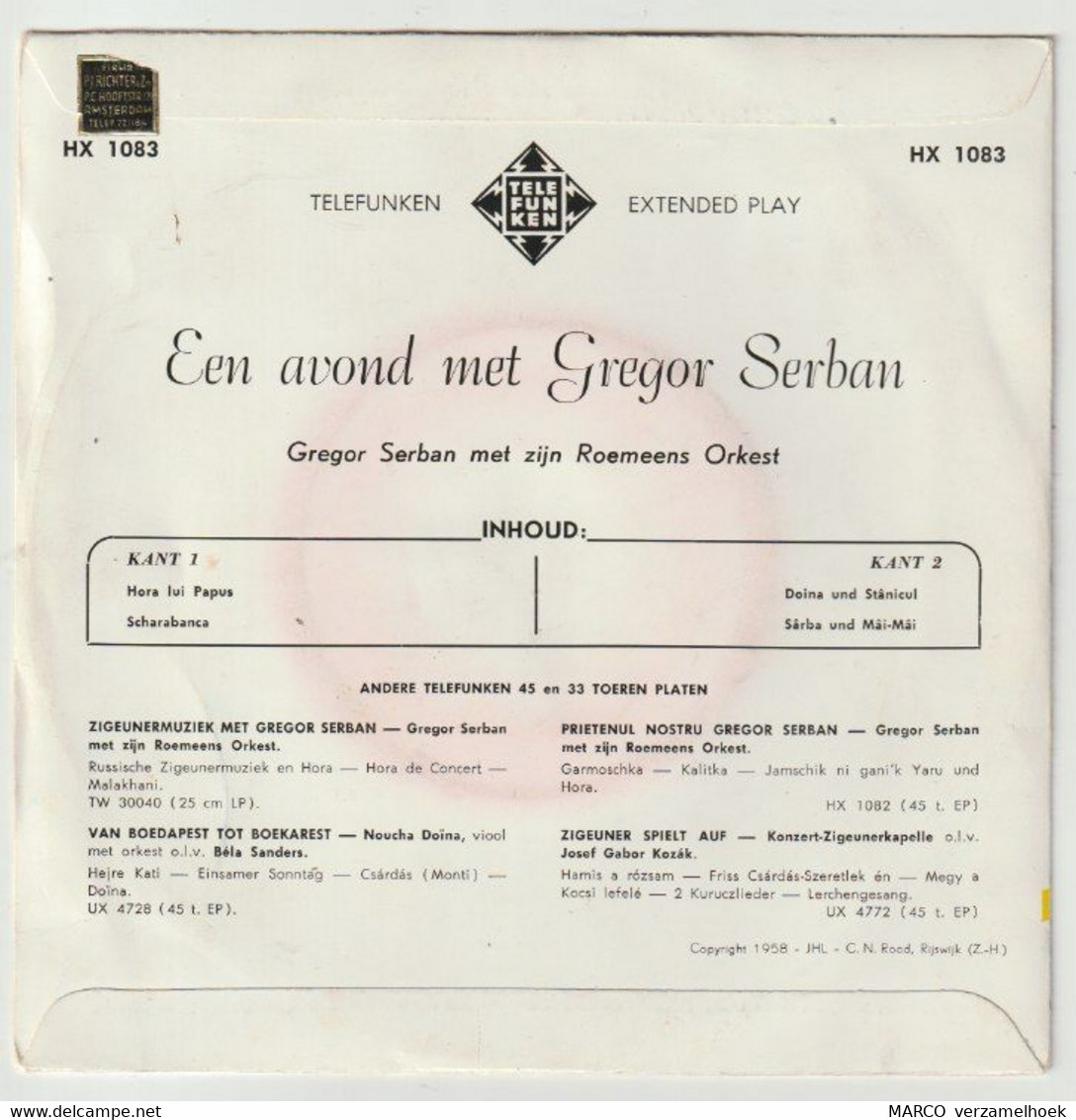 45T Single Gregor Serban Telefunken HX-1083 - Clásica