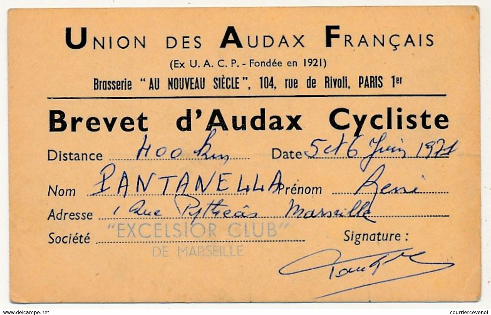 FRANCE - 2 X Union Des Audax Français - Brevet D'Audax Cycliste - Mai 1961 Et Juin 1971 - Cyclisme