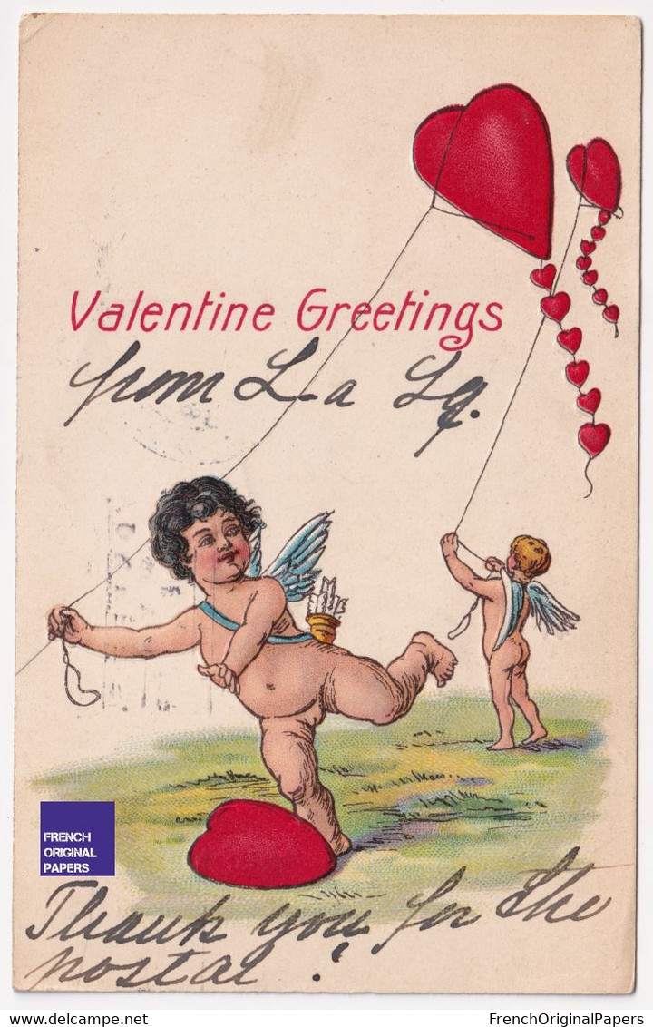 Valentine Greetings 1909 Jolie CPA Gaufrée USA Cupidon Ange Amour Cerf-volant Kite Love Cherub Angel Postcard A88-74 - Valentijnsdag