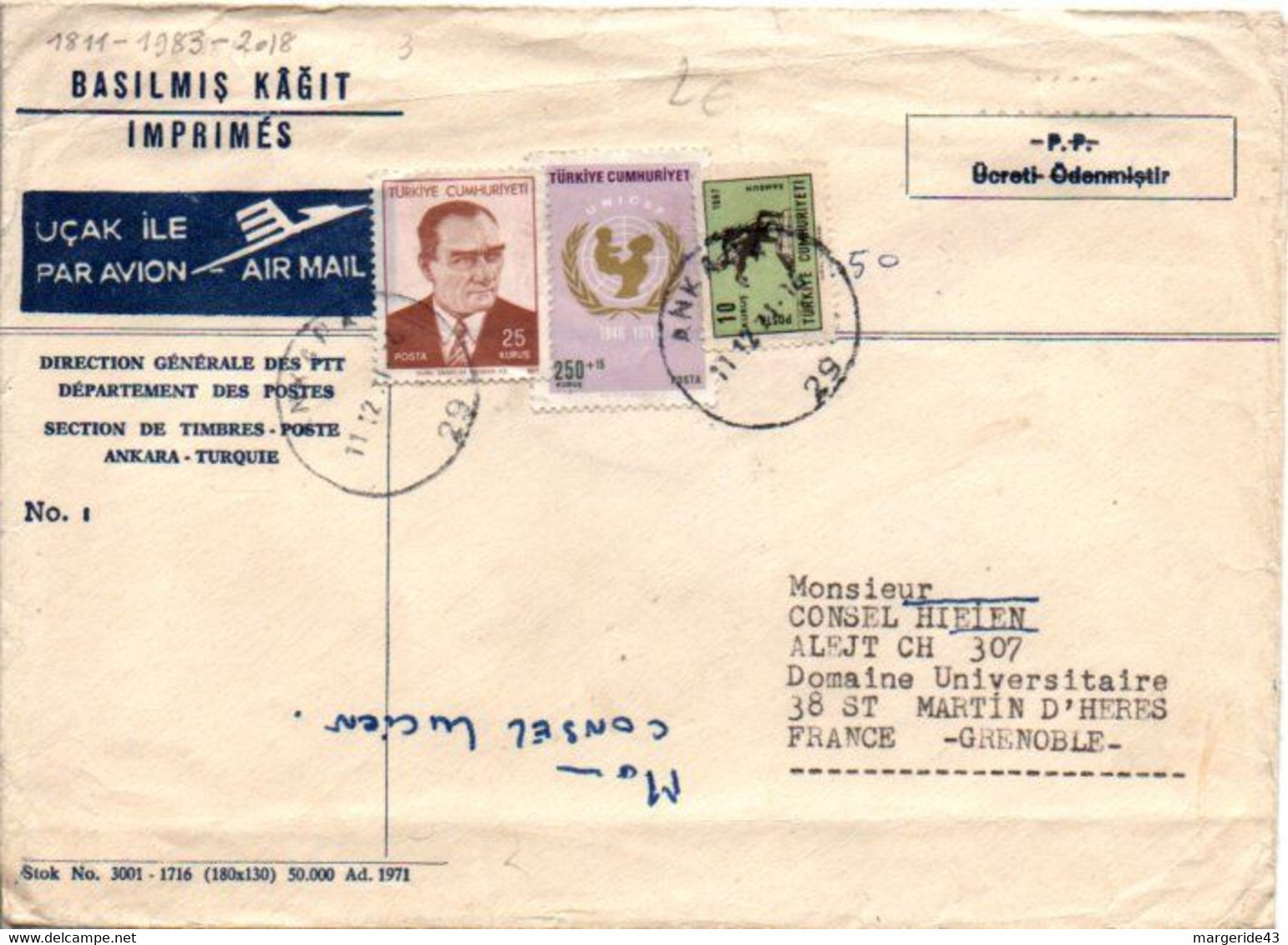 TURQUIE AFFRANCHISSEMENT COMPOSE SUR LETTRE A EN TETE D'ANKARA POUR LA FRANCE 1971 - Storia Postale