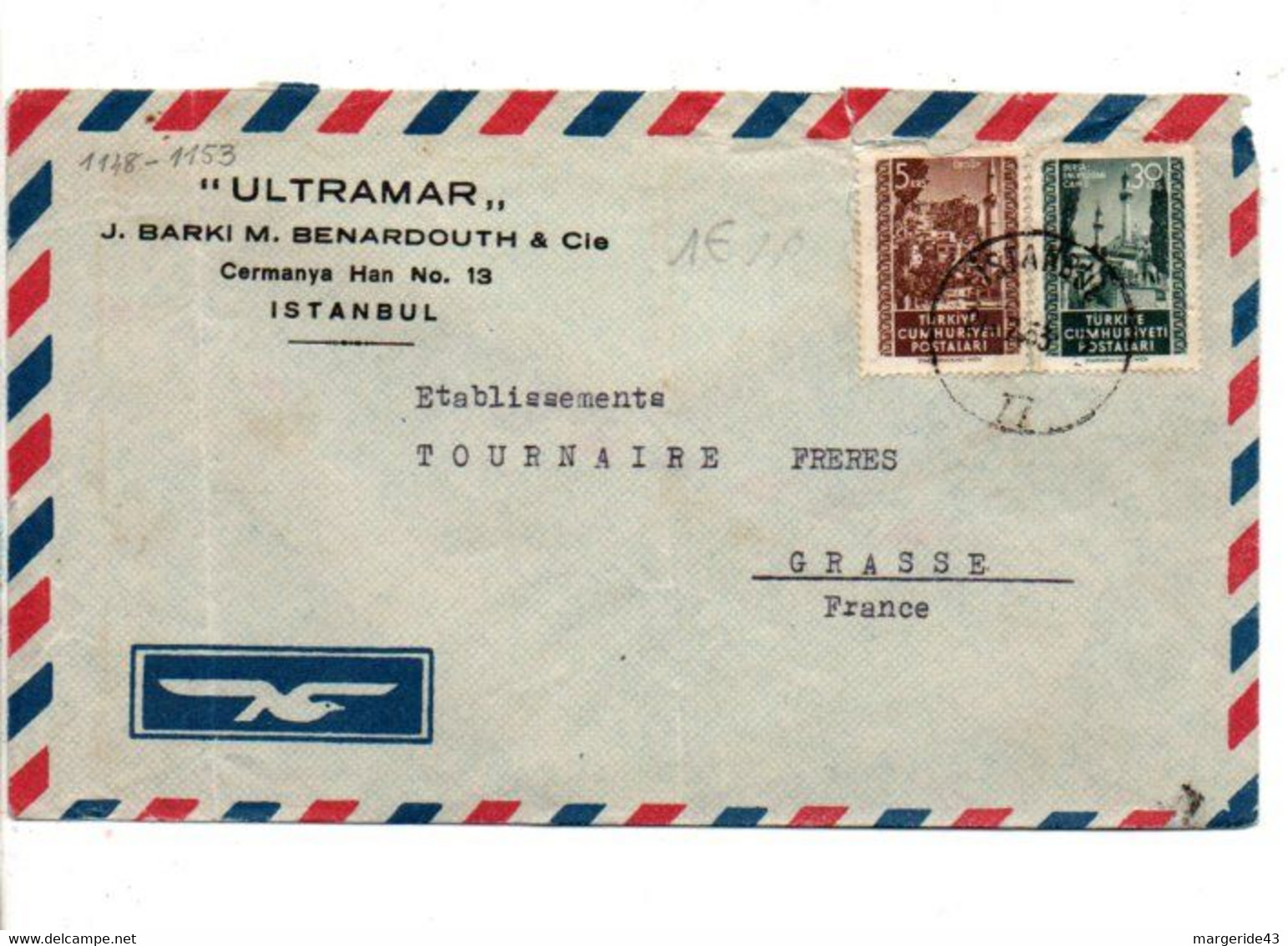 TURQUIE AFFRANCHISSEMENT COMPOSE SUR LETTRE A EN TETE DE ISTANBUL POUR LA FRANCE 1953 - Storia Postale