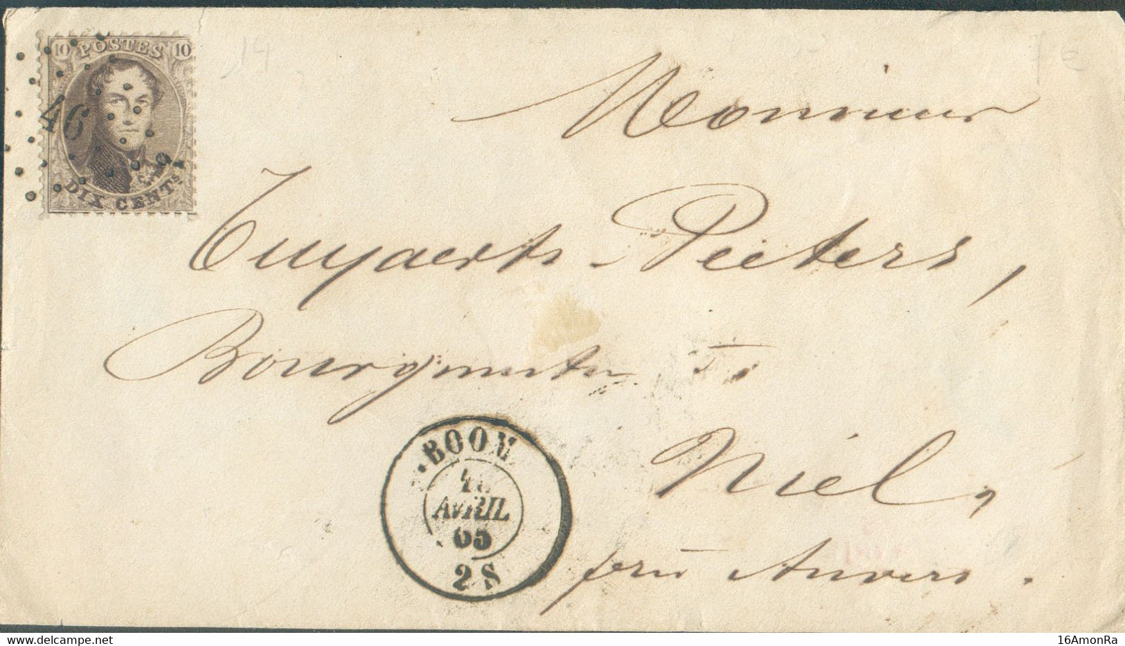 N°14 - Médaillon 10 Centimes Brun, Obl. LP.46 Sur Enveloppe De BOOM Le 15 Avril 1865 Vers Niel - Superbe - 20808 - 1863-1864 Medallones (13/16)