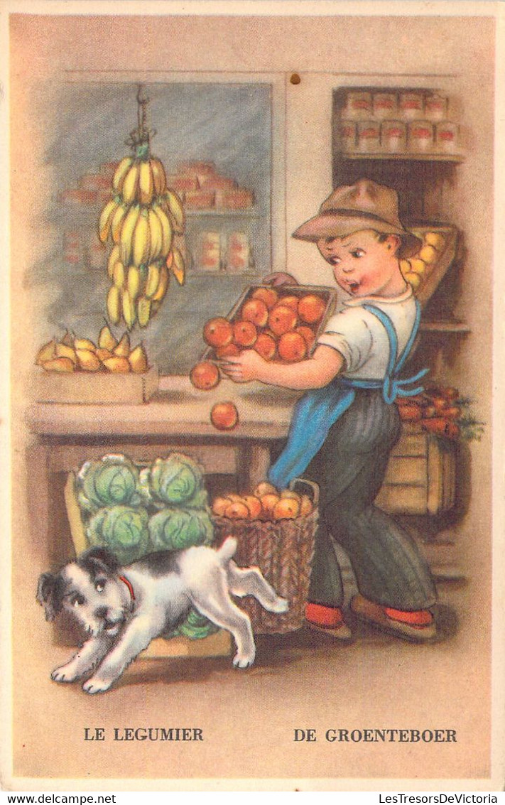 CHIENS - Chien Qui Fait Trébucher Un Marchand De Fruits - Le Légumier - De Groenteboer - Carte Postale Ancienne - Dogs