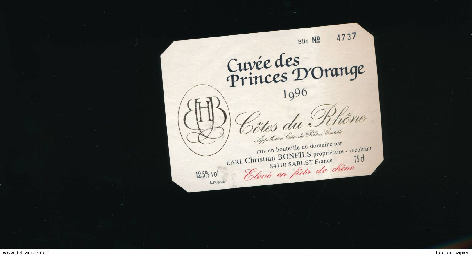 Etiquette  Vin  Cuvée Princes D'Orange Côte Du Rhône Christian Bonfils 1996 à Sablet 84110 - Compositeurs