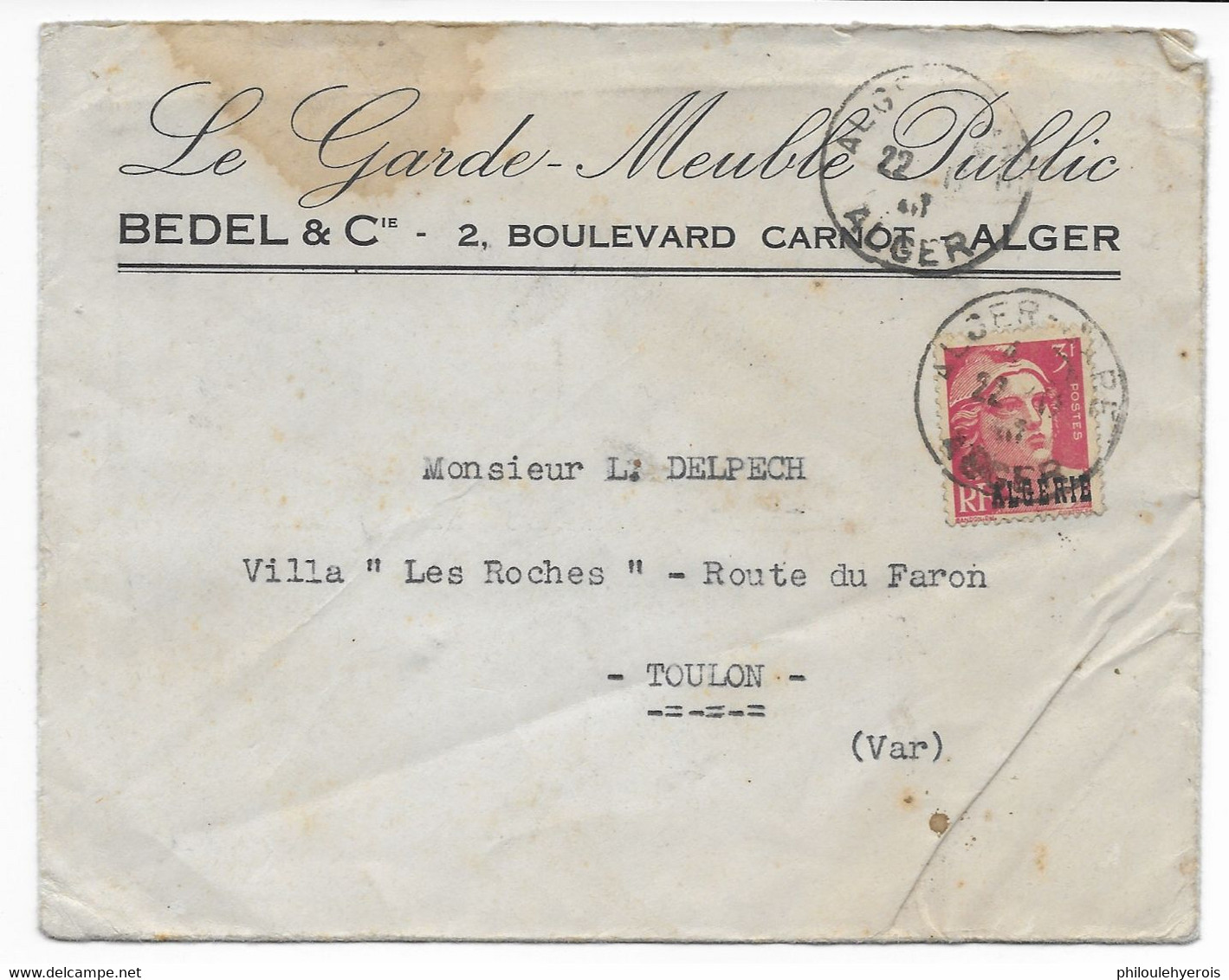 ALGER ALGERIE Lettre Entete De : Le Garde Meuble Public BEDEL Et Cie Pour TOULON - Other & Unclassified