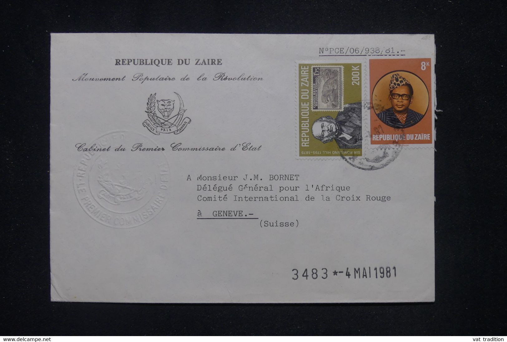 ZAIRE - Enveloppe Du 1er Commissaire D'Etat Pour La Croix Rouge De Genève En 1981   - L 141827 - Cartas & Documentos