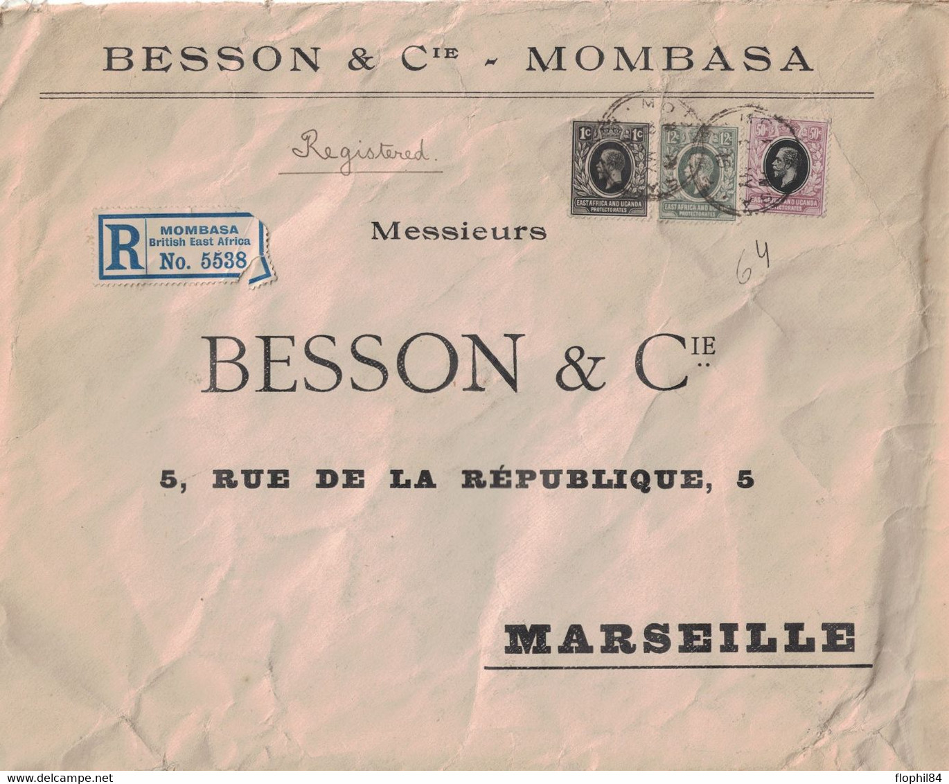 KENYA - MOMBASSA - BRITISH EAST AFRICA - LETTRE RECOMMANDEE - DU 6 JUIN 1915 - POUR MARSEILLE FRANCE - VERSO - Kenya, Oeganda & Tanganyika