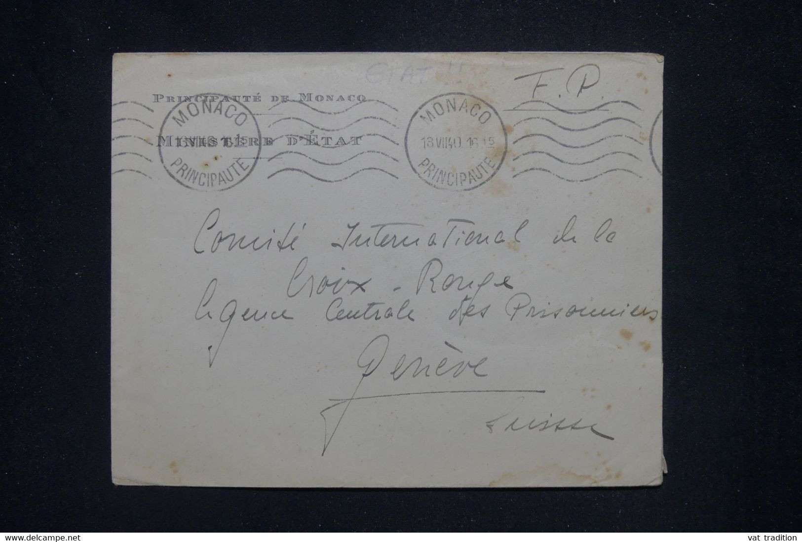 MONACO - Enveloppe Du Ministère D'Etat Pour La Croix Rouge De Genève En 1940   - L 141829 - Storia Postale