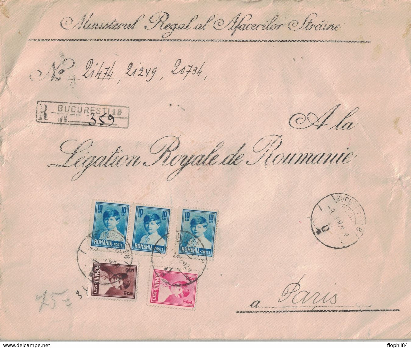 ROUMANIE - ENVELOPPE RECOMMANDEE CORRESPONDANCE OFFICIELLE POUR LA LEGATION ROYALE DE ROUMANIE A PARIS EN 1929. - Cartas & Documentos