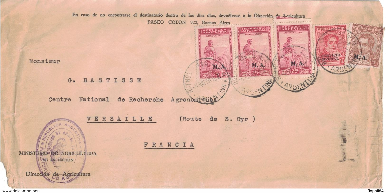 ARGENTINE - LETTRE DU MINISTERE DE L'AGRICULTURE POUR LA FRANCE EN 1939 - BEL AFFRANCHISSEMENT. - Lettres & Documents