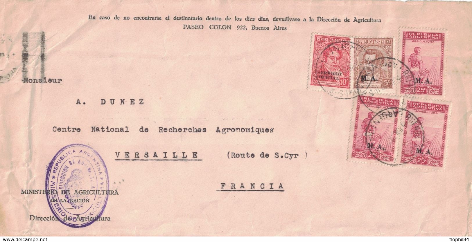 ARGENTINE - LETTRE DU MINISTERE DE L'AGRICULTURE POUR LA FRANCE EN 1939 - BEL AFFRANCHISSEMENT. - Lettres & Documents