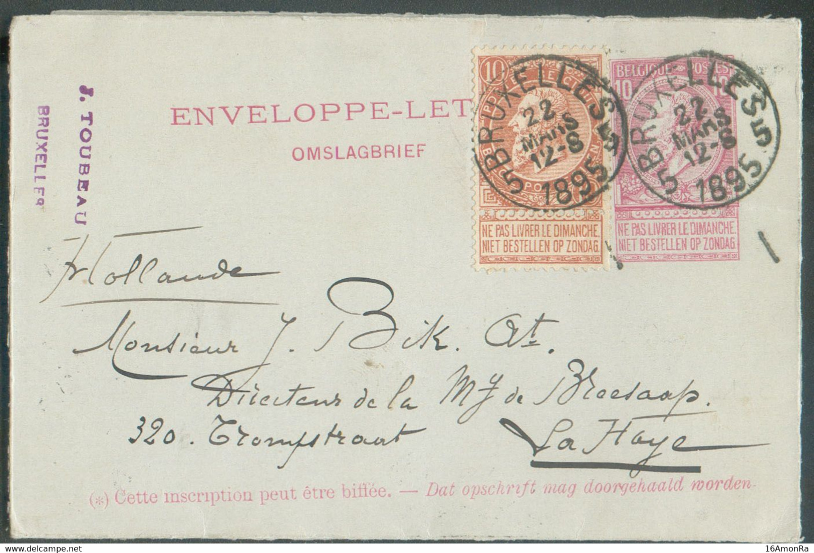 E.P. Enveloppe-lettre 10c. Fine Barbe + Tp 10c. Obl. Sc BRUXELLES 5 Du 22 Mars 1895 Vers La Haye.  TB  - 20827 - Letter Covers