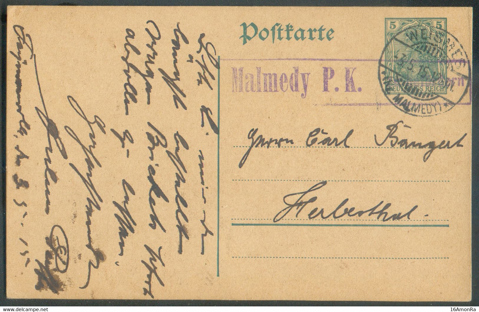 Canton De L'Est-   ALLEMAGNE - E.P. Carte 5pfg Germania Obl. Dc WEISMES (Malmédy) Du 13.5.1915 Vers Herbesthal + Griffe - Cartes Postales 1909-1934
