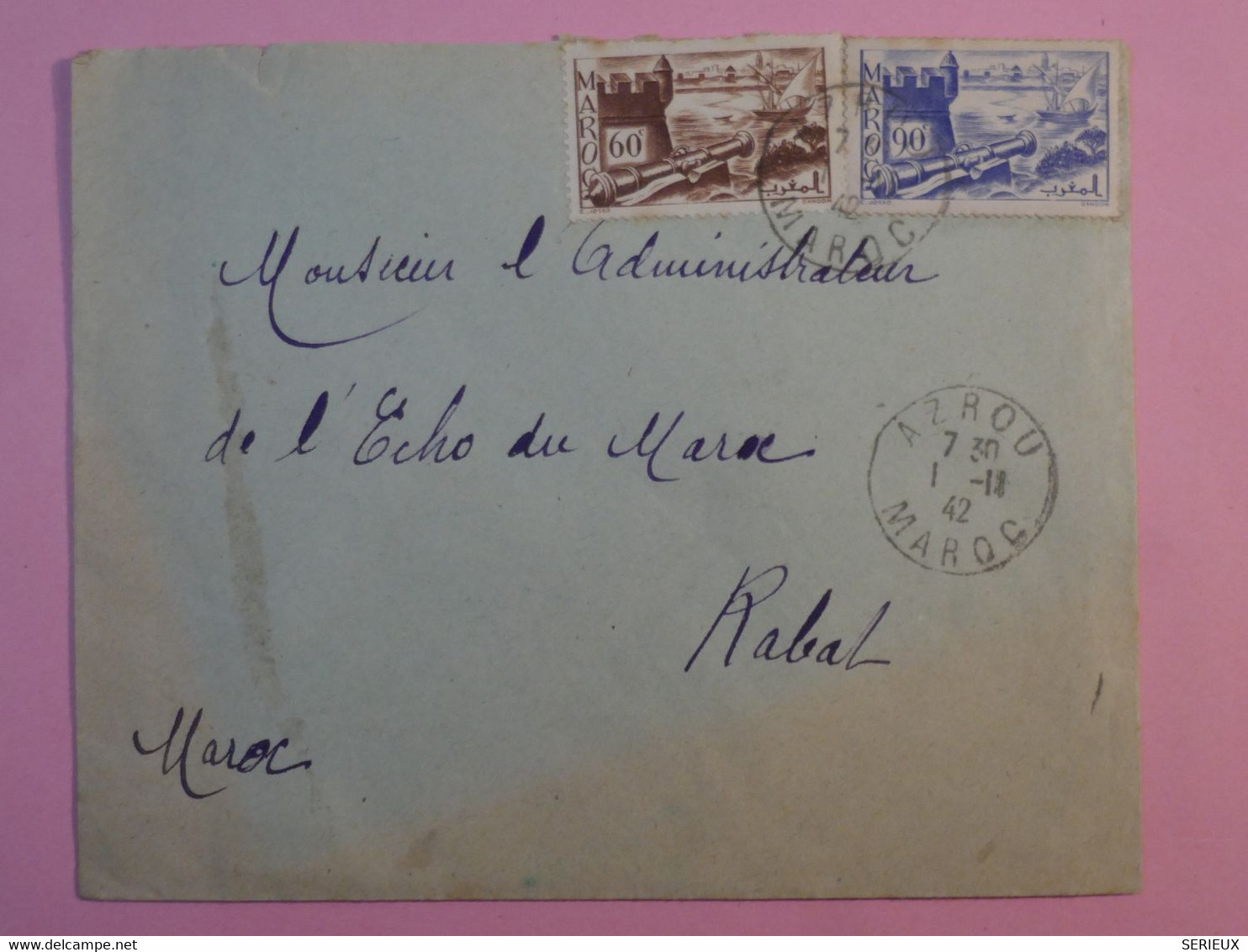 BP4  MAROC  BELLE LETTRE  1942 PETIT BUREAU AZROU   A RABAT +JOURNAL+ +AFFR.INTERESSANT++ - Storia Postale