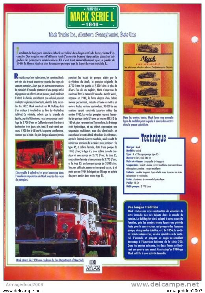 C2/ FICHE CARTONNE CAMION POMPIER 1940 MACK SERIE L - Trucks