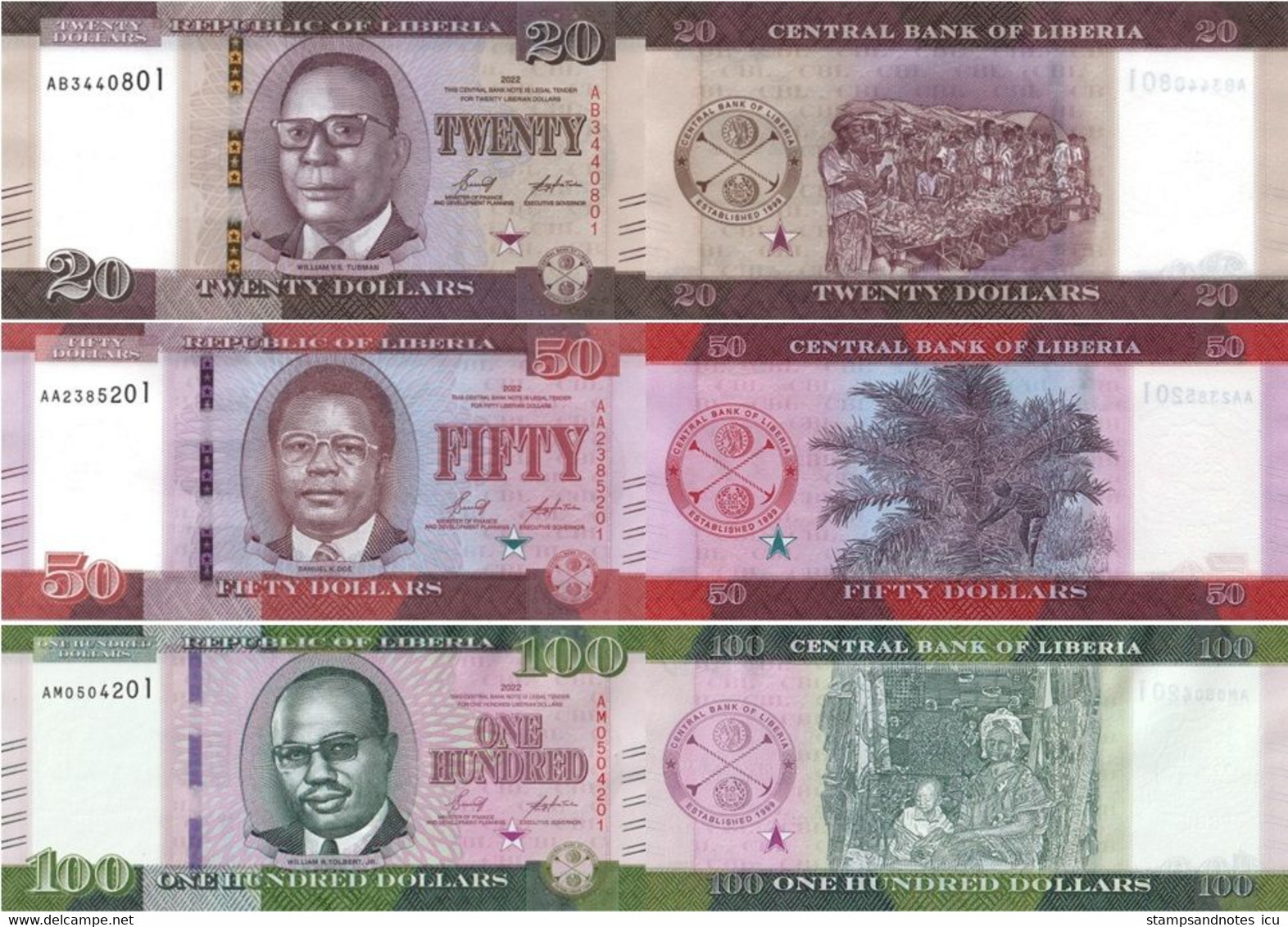 LIBERIA 20 50 100 Dollars 2022 P W39 W40 W41 UNC 3 Banknotes Set Of 2022 Matching Two Last Serials - Liberia