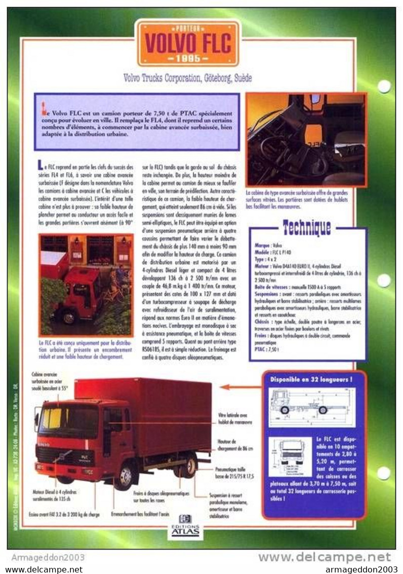 C2/ FICHE CARTONNE CAMION PORTEUR 1985 VOLVO FLC - Camiones