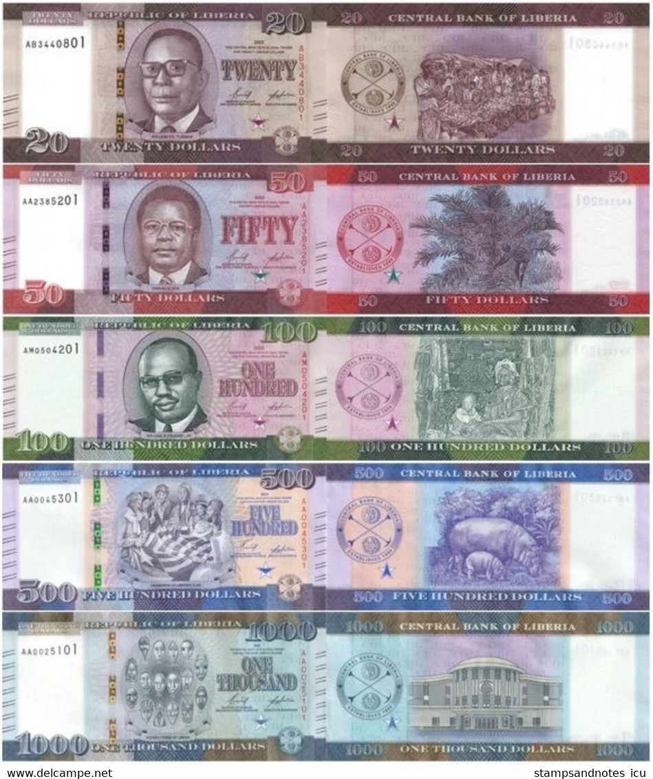 LIBERIA 20 50 100 500 1000 Dollars Set Of 2022 W39 - W43 UNC 5 Banknotes With Matching Two Last Serials - Liberia