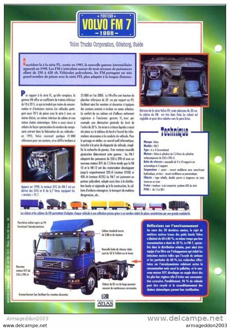 C2/ FICHE CARTONNE CAMION PORTEUR 1998 VOLVO FM 7 - Camions