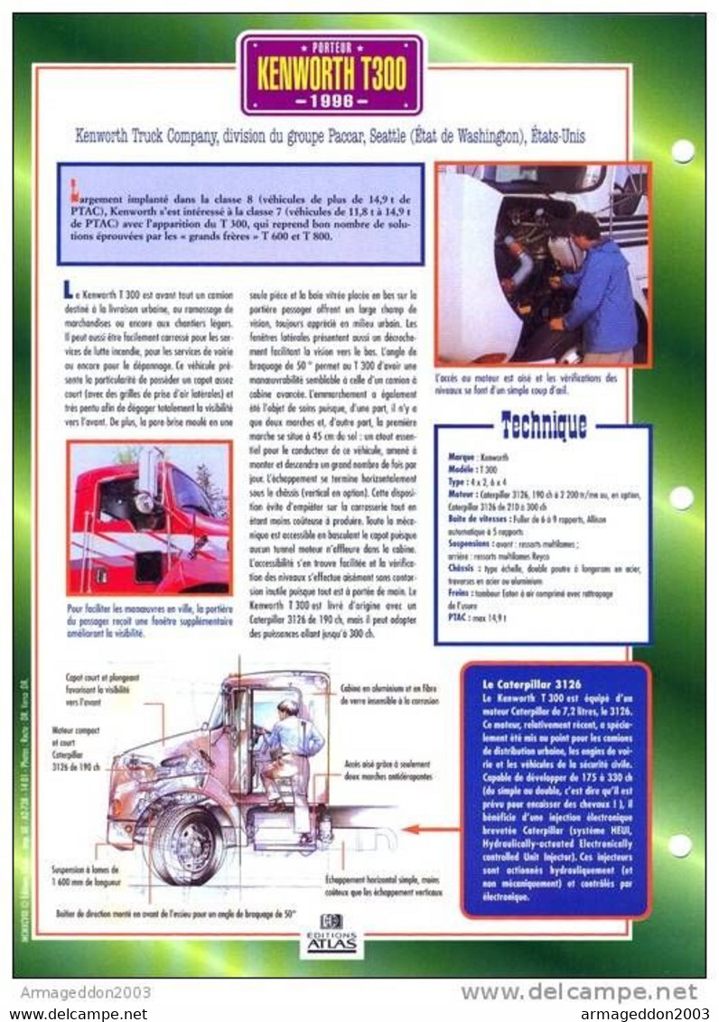 C2/ FICHE CARTONNE CAMION PORTEUR 1996 KENWORTH T300 - Camion