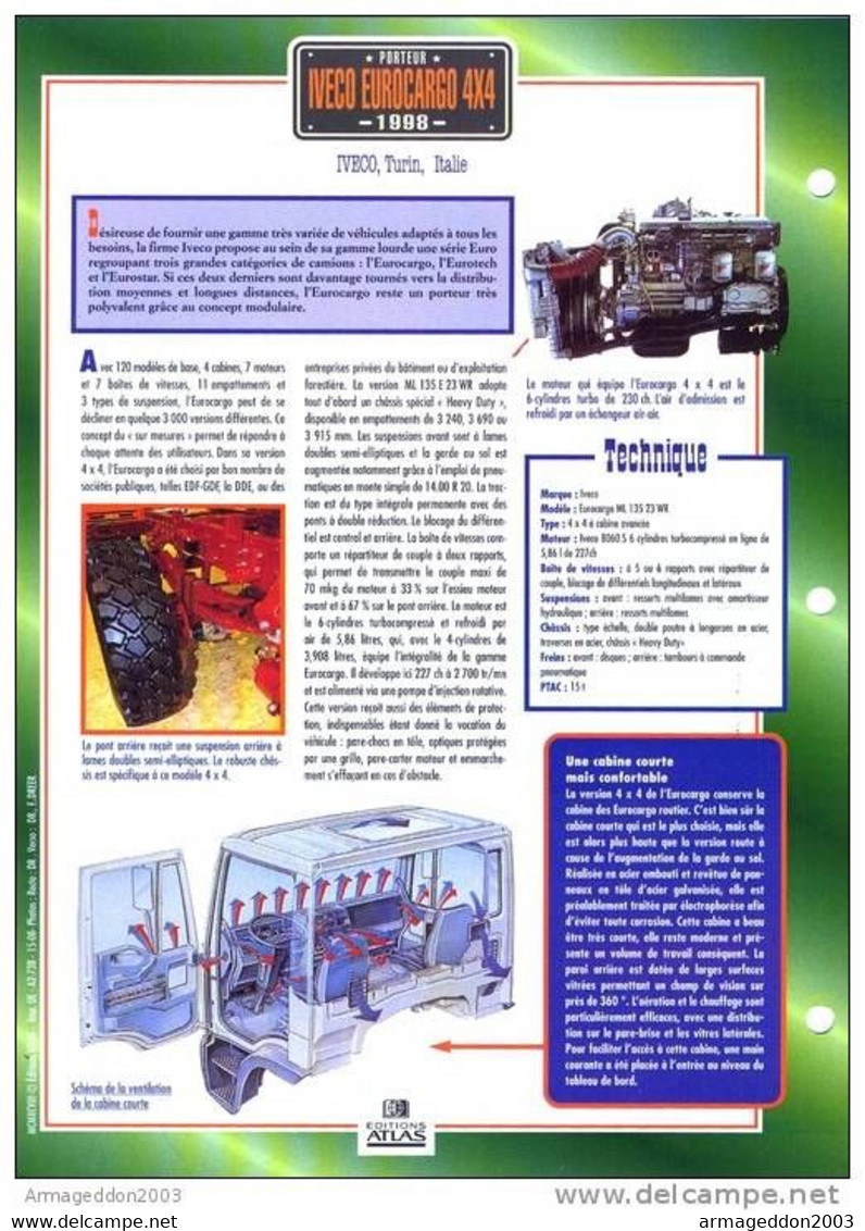 FICHE CARTONNE CAMION PORTEUR 1998 IVECO EUROCARGO 4X4 - Camions