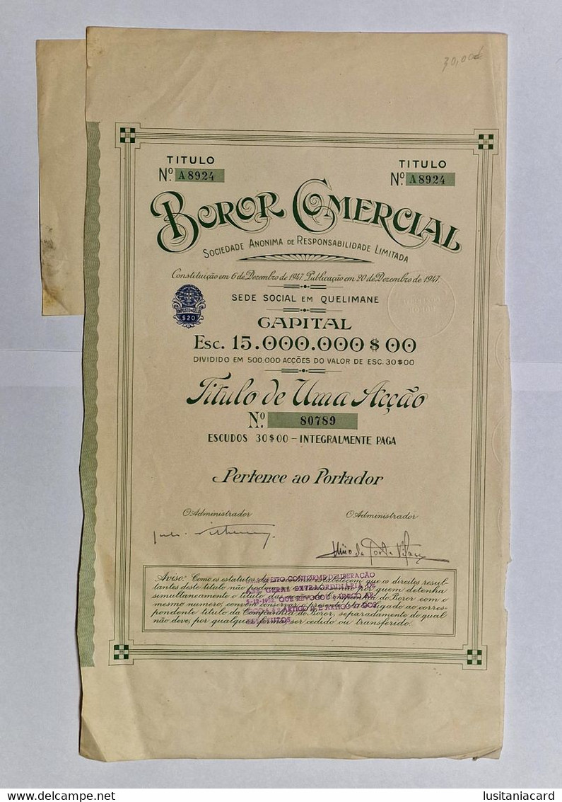 MOÇAMBIQUE - QUELIMANE- Boror Comercial - Titulo De Uma Acção 30$00 - Nº 80789 -Titulo NºA 8924 - Agriculture