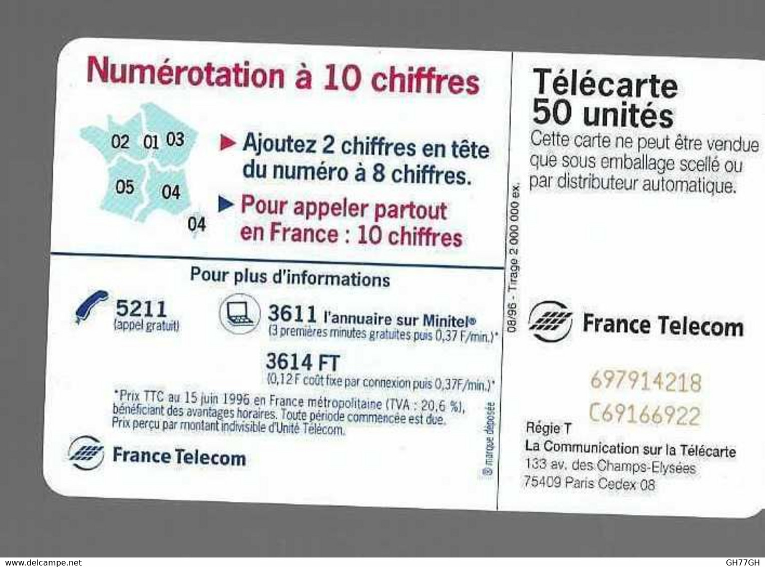 TELECARTE FRANCE TELECOM -numérotation à 10 Chiffres - Operatori Telecom