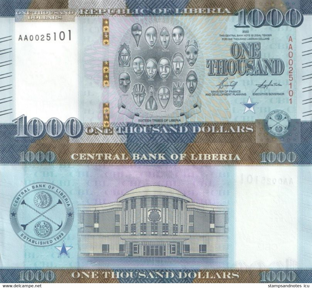 LIBERIA 1000 Dollars 2022 P W43 UNC New Note - Liberia