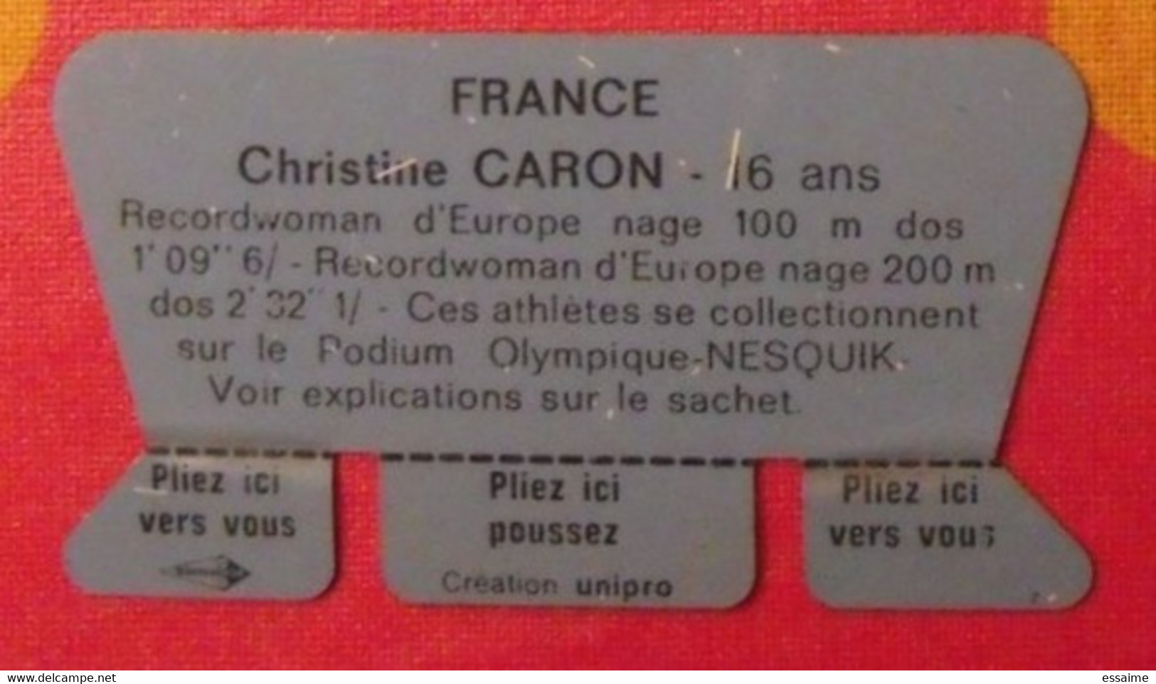 Plaquette Nesquik Jeux Olympiques. Podium Olympique. Christine Caron. Natation France. Tokyo 1964 - Blechschilder (ab 1960)