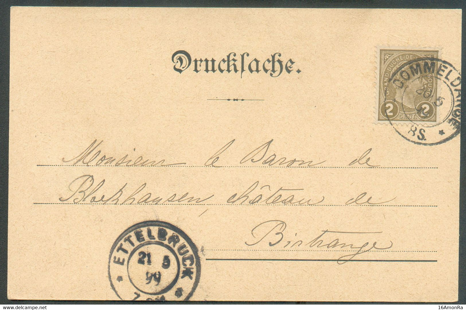 2 Cent. Brun Obl. Dc DOMMELDANGE Sur Carte Imprimée Du 20-5 1899 Vers Birtrange Via EttelbrucK.  - 20833 - 1895 Adolphe Rechterzijde