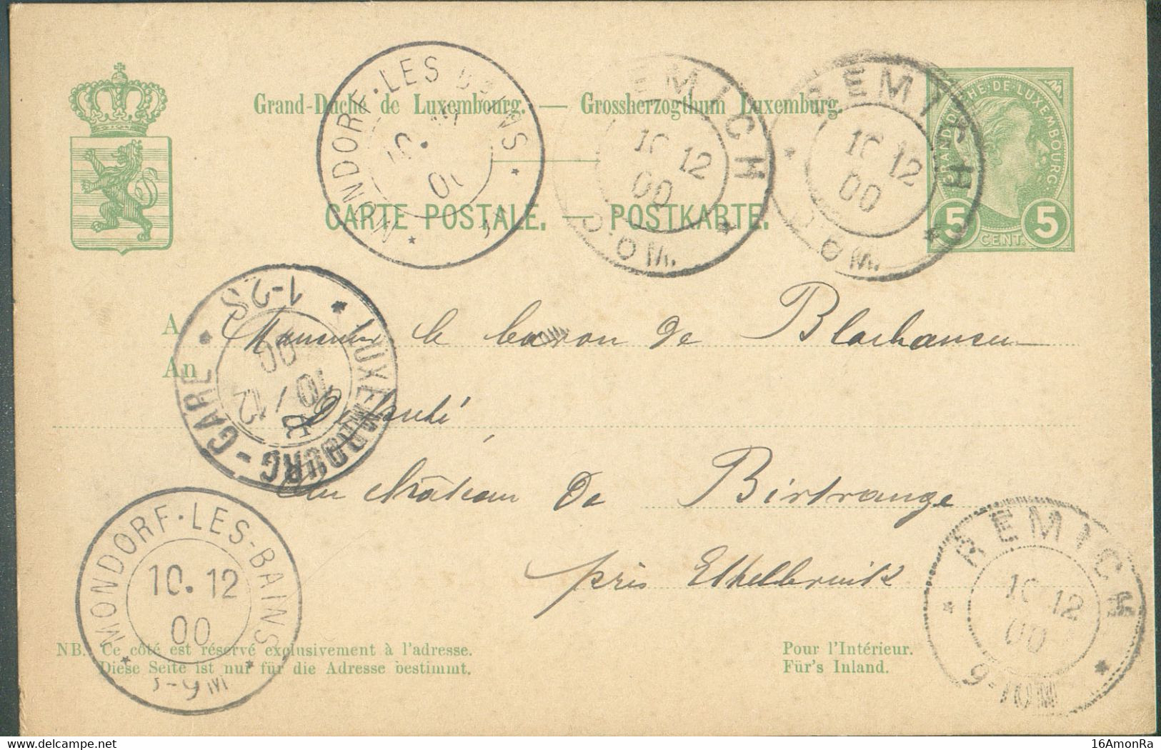 E.P. Carte 5 Centimes Obl. Dc REMICH 10-12 1900 Vers Birtrange Via MONDORF-les-BAINS Et LUXEMBOURG-GARE  - 20837 - Postwaardestukken