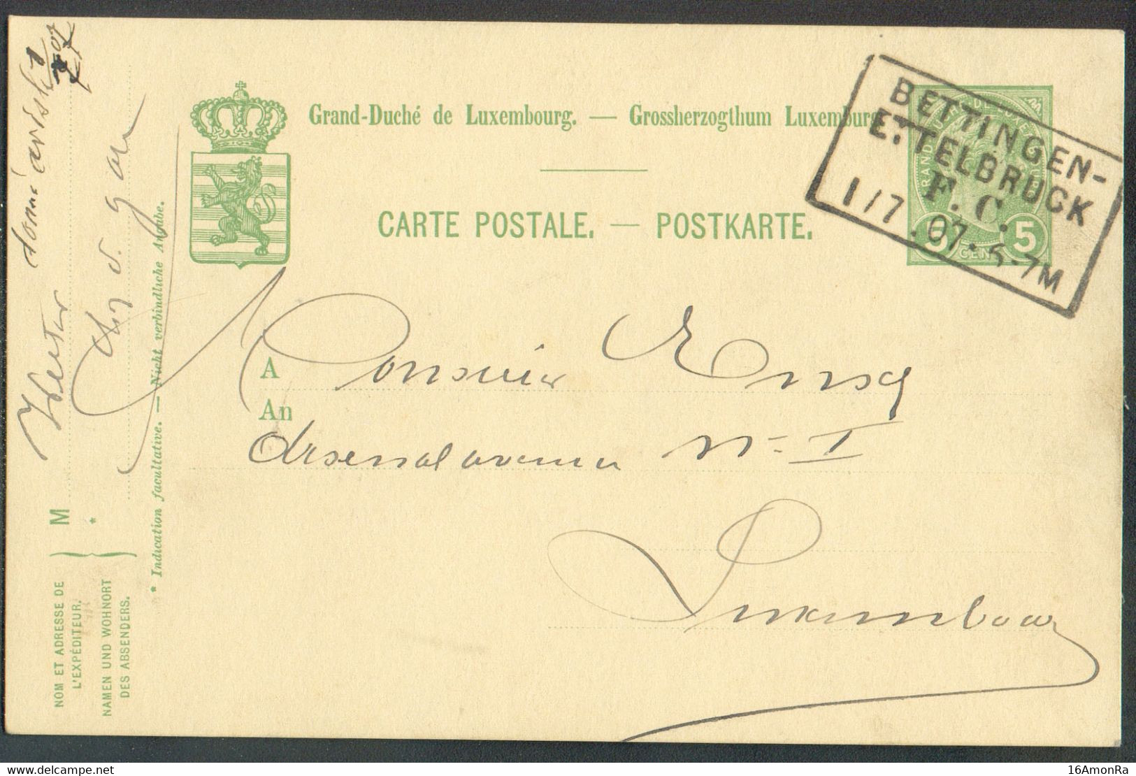 E.P. Carte 5 Centimes Obl. Griffe Ambulant BETTINGEN-ETTELBRUCK F.C. Du 1/7 1907 Vers Luxembourg - 20838 - Postwaardestukken