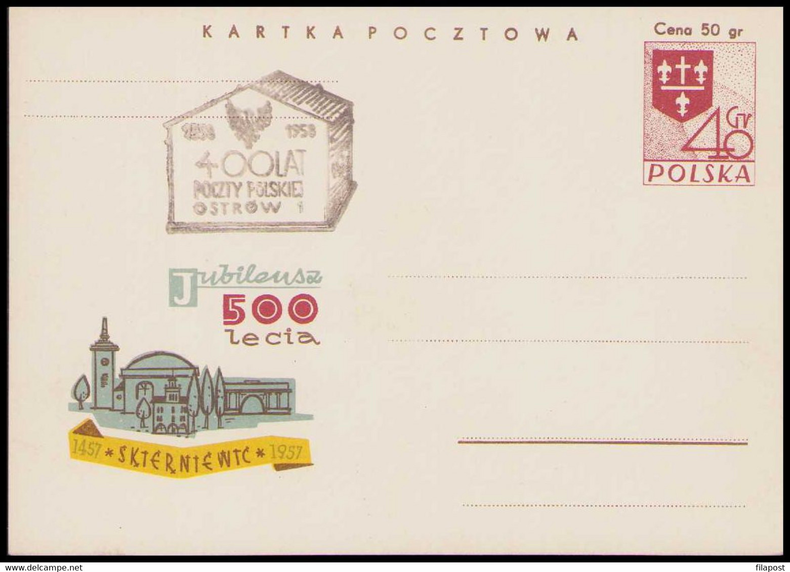 POLAND 1958 / 400 Years Of Polish Post, Skierniewice / Ostrow Kalisz 1 Postcard  P84 - Poste & Facteurs