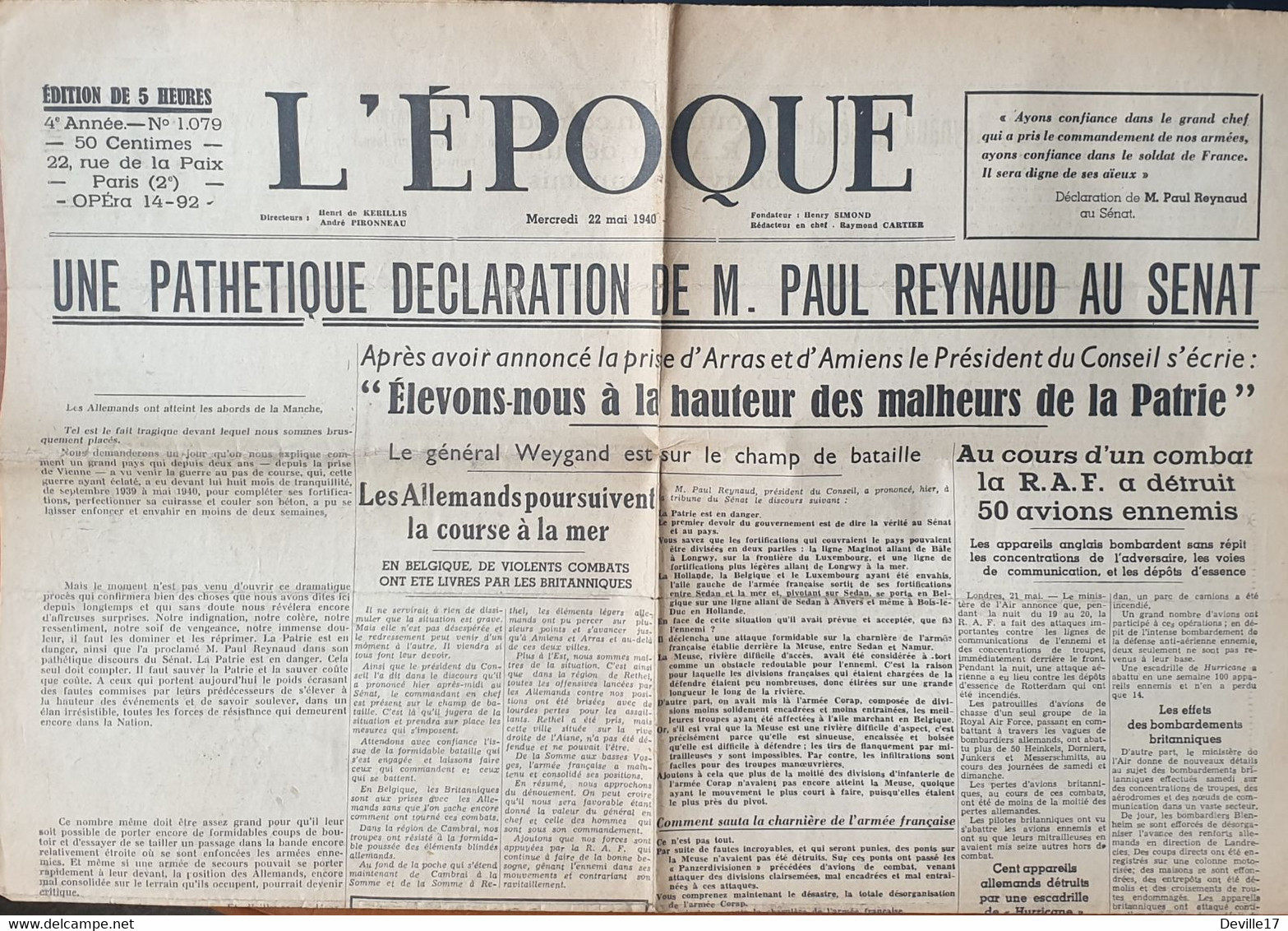 JOURNAL L'EPOQUE - SERIE DE 9 NUMEROS : 1078-1079-1080-1088-1089-1091-1092-1093-1096 DU 21 MAI 1940 AU 08 JUIN 1940 - Informations Générales