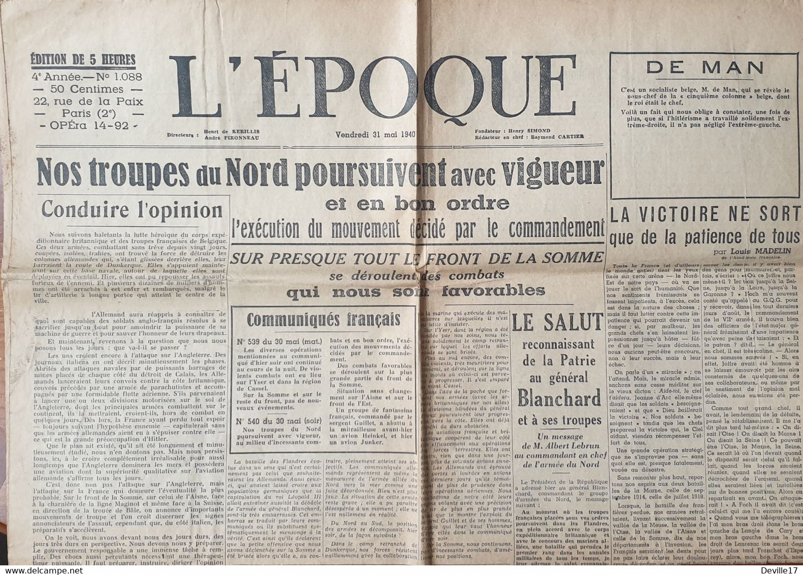 JOURNAL L'EPOQUE - SERIE DE 9 NUMEROS : 1078-1079-1080-1088-1089-1091-1092-1093-1096 DU 21 MAI 1940 AU 08 JUIN 1940 - General Issues