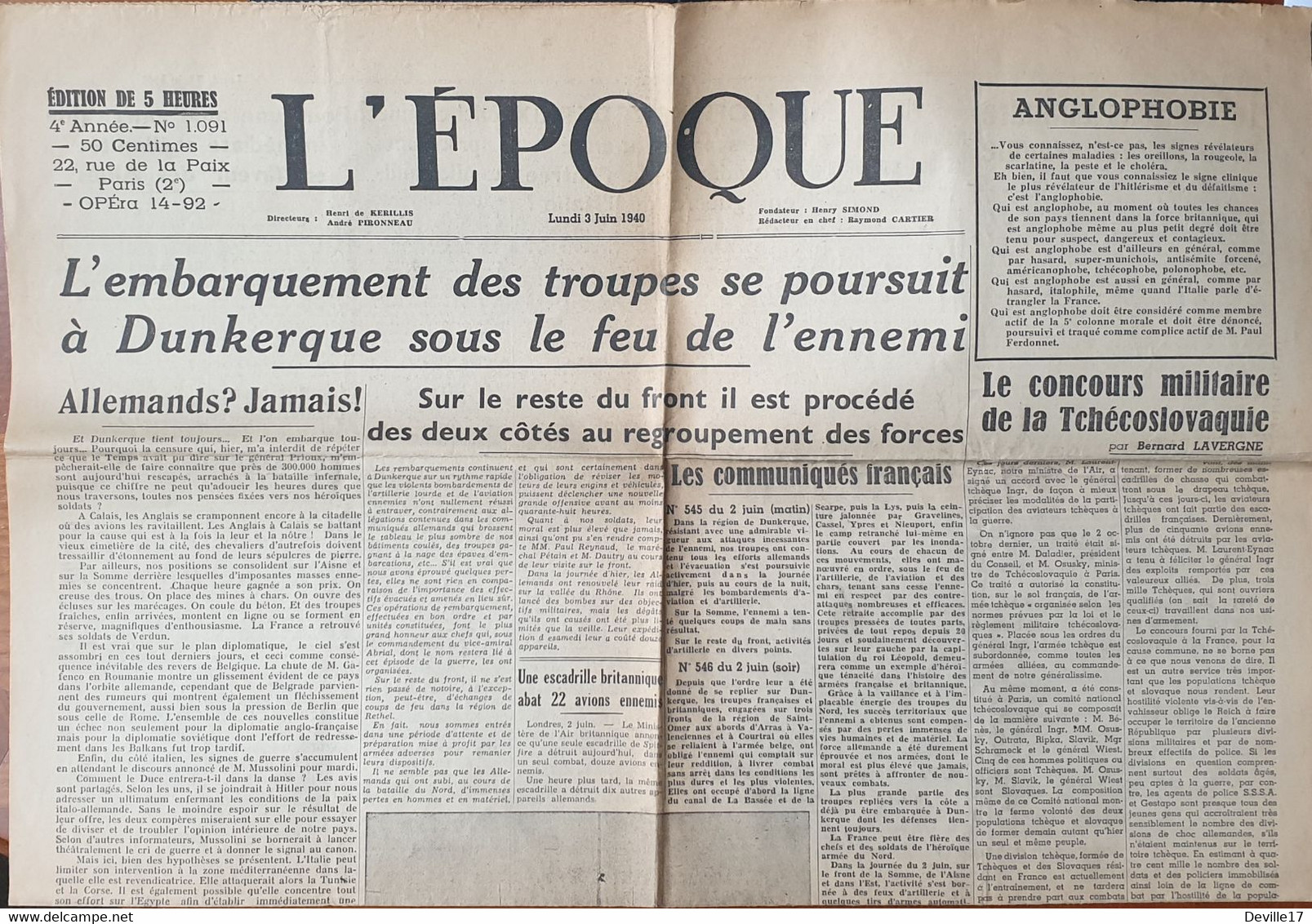 JOURNAL L'EPOQUE - SERIE DE 9 NUMEROS : 1078-1079-1080-1088-1089-1091-1092-1093-1096 DU 21 MAI 1940 AU 08 JUIN 1940