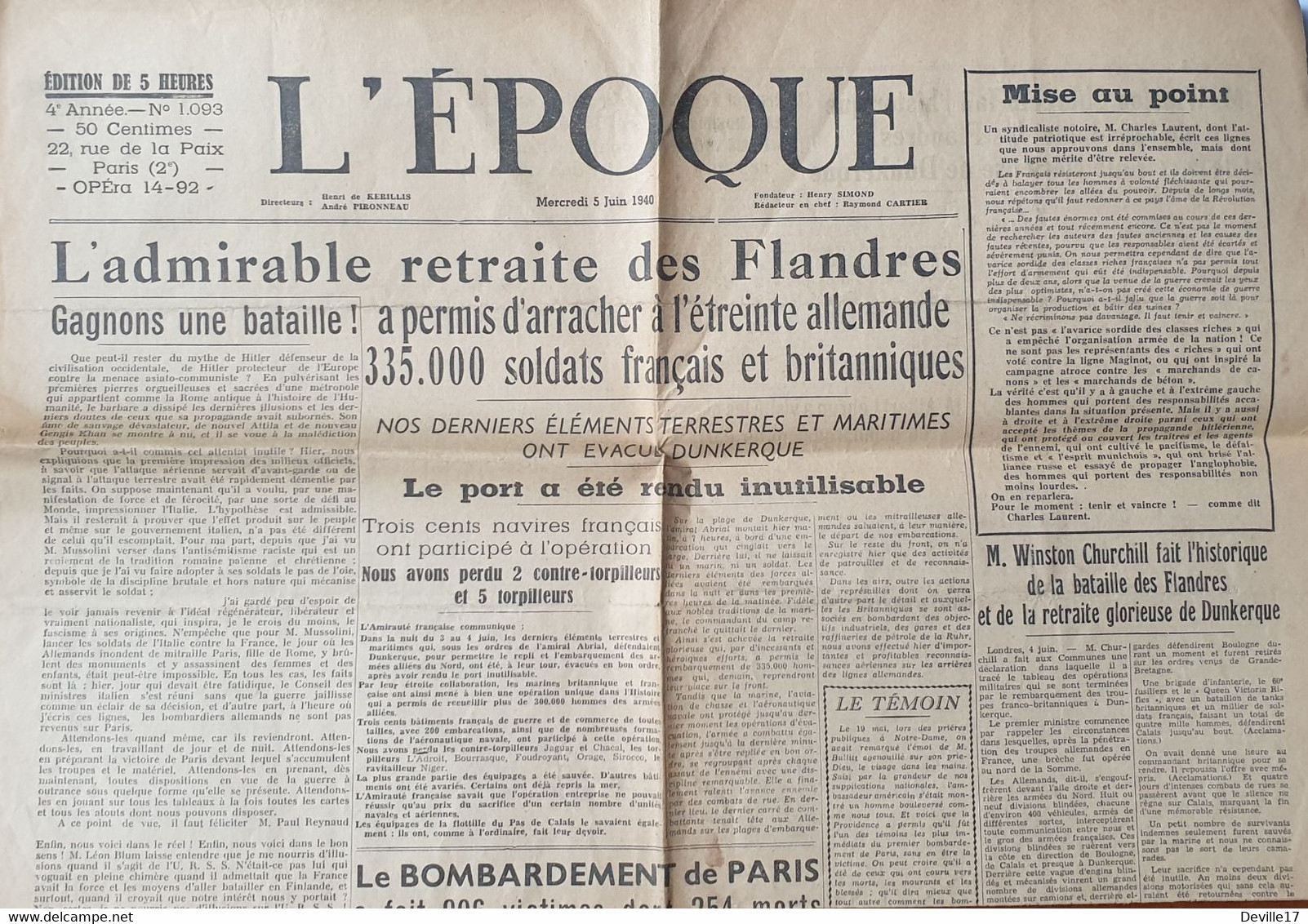 JOURNAL L'EPOQUE - SERIE DE 9 NUMEROS : 1078-1079-1080-1088-1089-1091-1092-1093-1096 DU 21 MAI 1940 AU 08 JUIN 1940