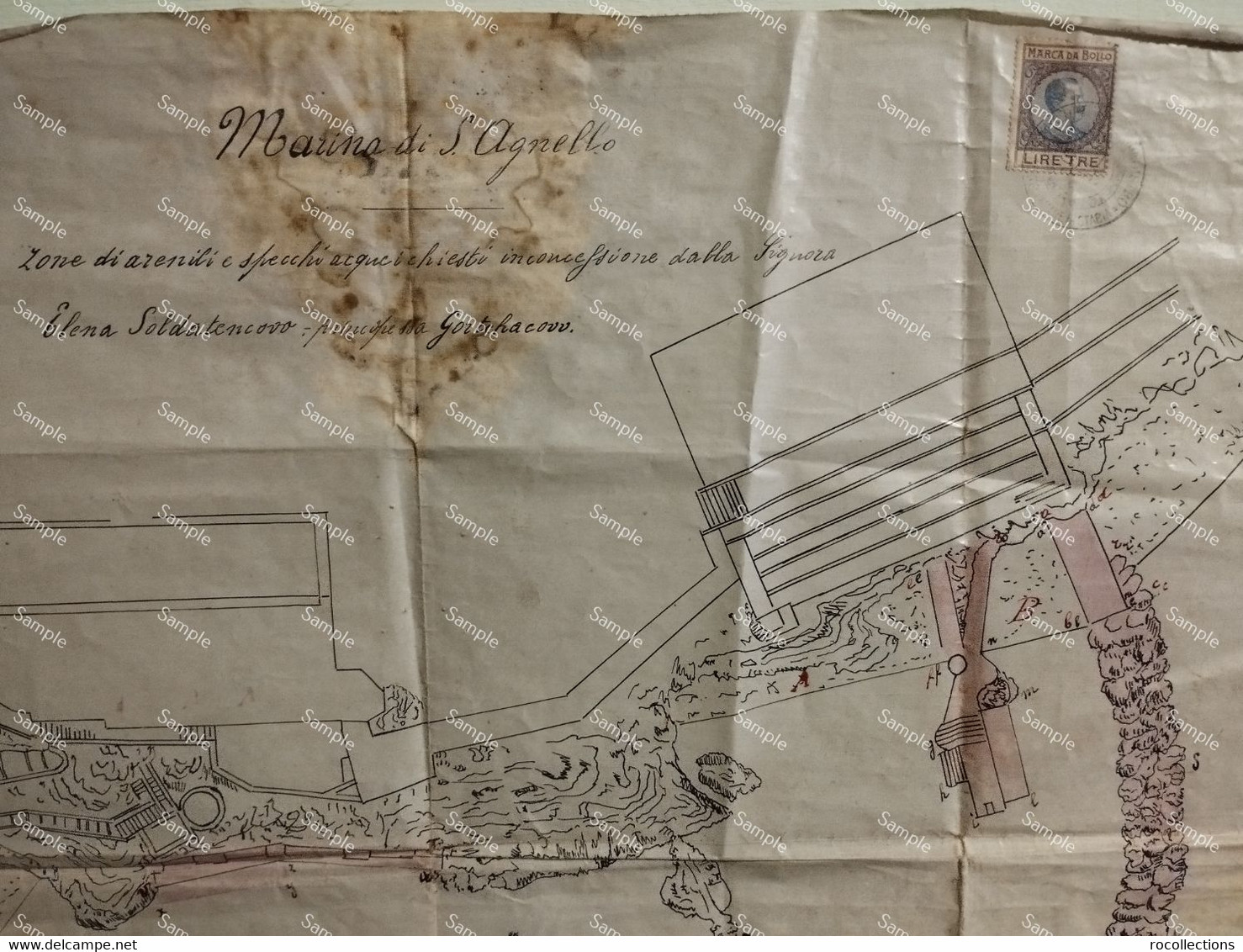 Map Cartina Napoli Marina SANT'AGNELLO. Russian Gorchakov Soldatenkov To Identify.  53x40 Cm. - Cartes Topographiques