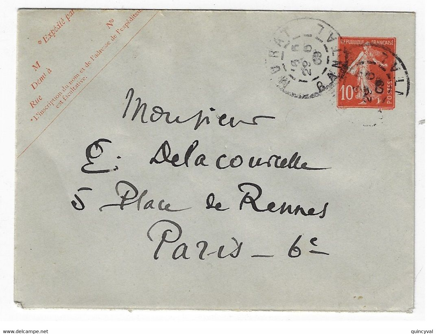 MURAT Cantal Lettre Entier Postal 10c Semeuse Sur Enveloppe 123x96 Mill 730 Avec Inscription Expéditeur Yv 138-E2 St E13 - Sobres Tipos Y TSC (antes De 1995)