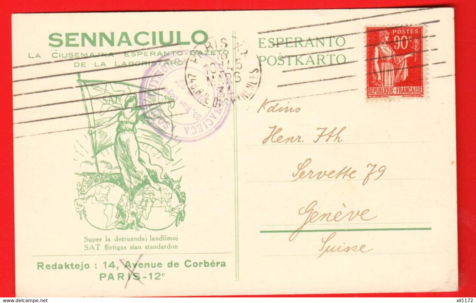 ZUQ-31 Sennaciulo  Litho   Used From Paris To Genevfa In 1934. - Esperanto